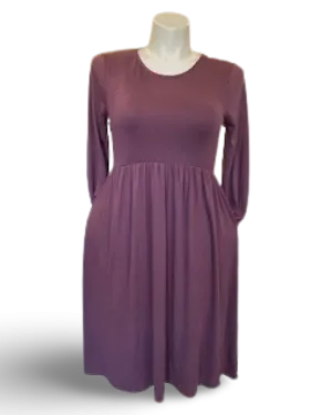 Gathered Waist Pocketed Midi Dress in Smokey Plum